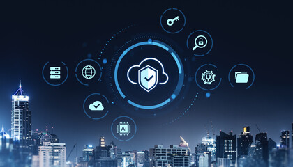 Aufkleber - Cybersecurity cloud system interface over modern city skyline at night concept.