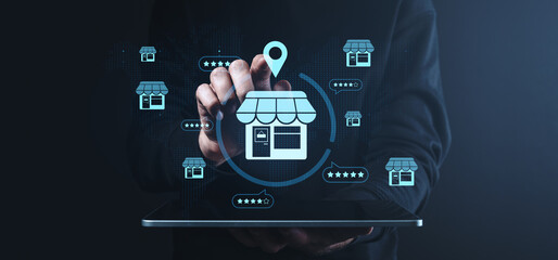 Poster - Hand interacting with digital store icons on tablet representing business network.