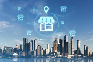 Poster - Digital storefront icons over modern city skyline representing online business concept.