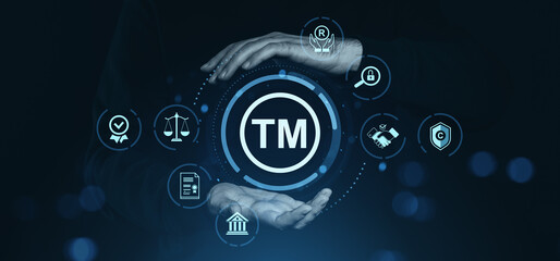 Poster - Trademark protection and intellectual property legal concept with icons and hands..