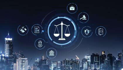 Poster - Digital justice icons around scale symbol on city background at night.