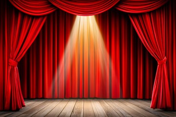 Aufkleber - Red stage curtains opening with bright spotlights illuminating wooden stage