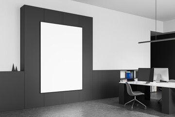 Poster - modern office interior with large blank poster mockup on dark wall for clean design presentation con