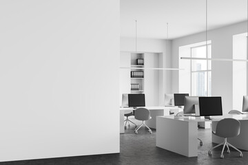 Poster - modern office interior with blank white wall for poster mockup or design presentation in clean, mini