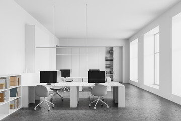Poster - modern minimalist office interior with white furniture, computer desks, and ergonomic chairs in brig