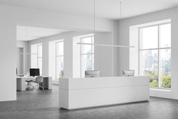 Poster - modern white office interior with reception desk and city view through large windows in minimalistic