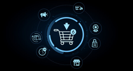 Poster - Digital shopping cart with ecommerce icons representing online retail services and logistics concept on futuristic dark interface background. 3D Rendering