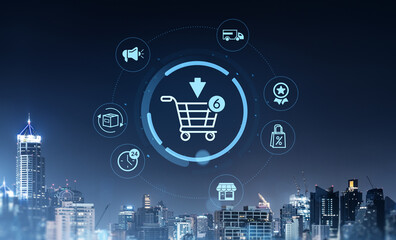 Poster - Digital shopping cart and e-commerce icons over city skyline at night.