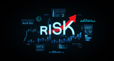 Poster - Financial risk concept with glowing charts, data dashboards, and red upward arrow on futuristic digital background indicating rising uncertainty trend. 3D Rendering