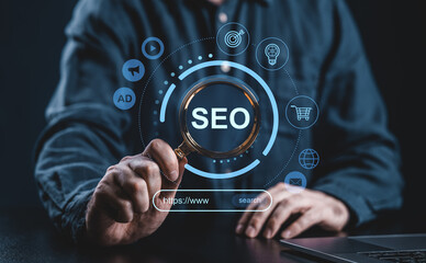 Poster - Businessman using magnifying glass to analyze SEO with digital icons around.