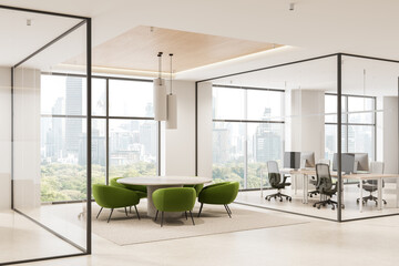 Fototapete - Modern office interior with round meeting table and green chairs in glass-walled space overlooking city skyline on a bright day. 3D Rendering
