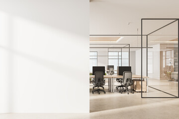 Poster - modern office interior with empty white wall for poster mockup and open space workplace layout in da