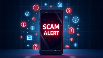 Aufkleber - A smartphone displaying a bold 'SCAM ALERT' message, surrounded by vibrant icons that indicate online threats.