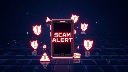 Poster - A digital illustration featuring a smartphone displaying a prominent 'SCAM ALERT' message against a dark, cyber-themed backdrop.