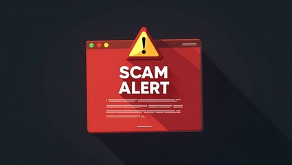 Aufkleber - Graphic design of a scam alert notification on a computer screen in bright red with yellow warning symbol.