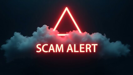 Aufkleber - A striking neon display signaling a warning about potential scams, set against a dark cloudy background.