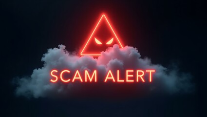 Poster - A striking red 'SCAM ALERT' sign illuminated against a dark cloud backdrop, creating a warning atmosphere.