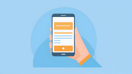 Poster - A hand holds a smartphone displaying an app interface on a blue background in a flat, minimalist style.