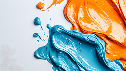 Poster - Vibrant blue and orange acrylic paints are smeared and dripped across a white canvas, creating an abstract, textured composition full of energy.