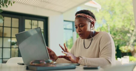 Poster - Laptop, freelancer and phone with black woman in home for research, typing and blog. Communication, email list and remote work with person and earphones for entrepreneur, reading and networking