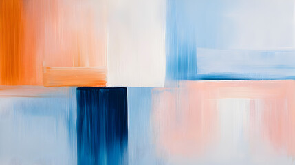 Poster - Abstract painting with bold brushstrokes in blue, orange, peach, and white, creating a modern, geometric composition.