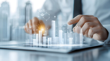 Poster - Businessperson interacts with a digital tablet, visualizing a 3D holographic cityscape and futuristic data graphics.