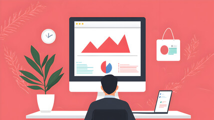 Poster - A person analyzes data charts on a computer at a modern desk, surrounded by plants and office decor in a minimalist workspace.