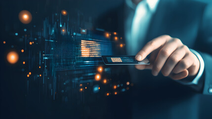 Poster - A person in a suit holds a credit card, with digital data graphics representing online payments and modern financial technology.