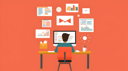Poster - A person works at a desk with charts, graphs, and documents on the wall, symbolizing data analysis and productivity in a modern office setting.