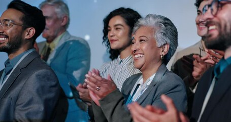 Poster - Business people, excited and applause in audience at conference with cheers for profit at company. Women, men and happy with celebration, goals and team at convention for revenue growth with crowd