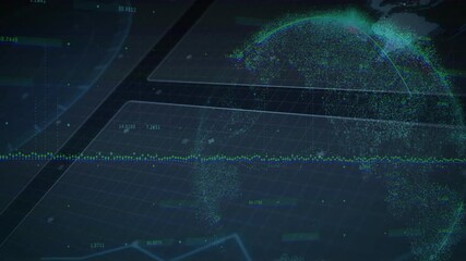 Aufkleber - After delay labels appearing and pixels forming rotating globe, waveform pulsing visualizing data