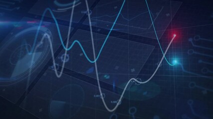 Aufkleber - Cyan and white lines rising from bottom, undulating through panels, highlighting data trend shifts
