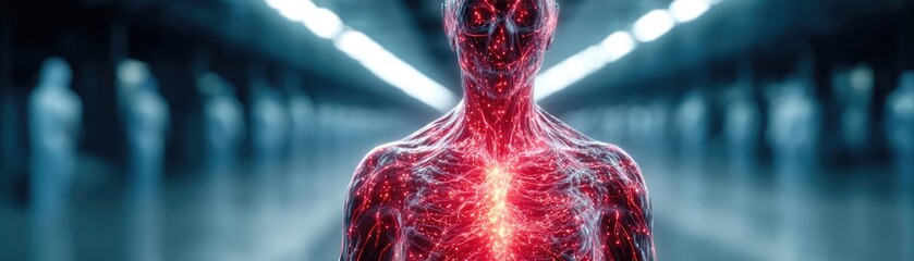 Poster - Oncology healthcare on treatment and risk prevention concept. A surreal representation of an illuminated human form.