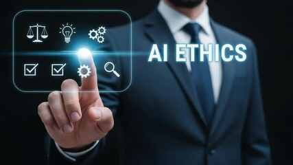 Poster - A man in a suit touching a digital screen with ai ethics text and various icons displayed on it