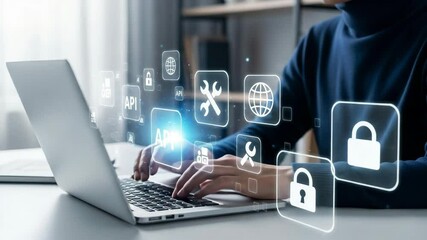 Poster - Person typing on laptop with floating api and security icons overlaying the screen interface view