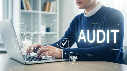 Poster - Man typing on laptop with audit overlay and business icons in a bright office environment setting