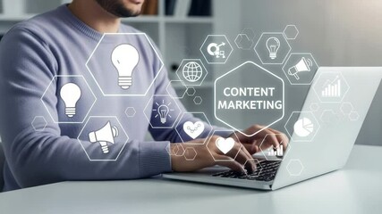 Poster - Man typing on laptop with content marketing graphics overlayed on screen in a bright office space