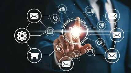 Poster - Person in suit touching shield icon surrounded by other icons on a digital interface