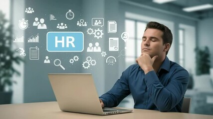 Aufkleber - Man at laptop with hr icons floating around him in an office setting with a thoughtful expression