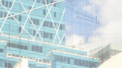 Poster - After facade pause, spreadsheet grid fading across tower, chart rising showing market trends