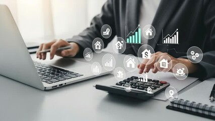 Poster - Person working on laptop and calculator with real estate growth icons overlayed on the image scene