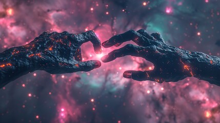Wall Mural - ethereal digital artwork depicting two outstretched hands nearly touching