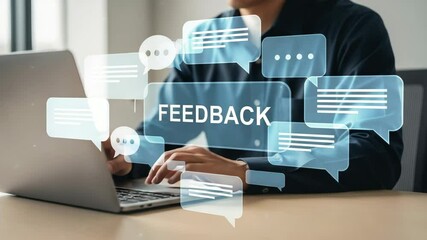 Poster - Person typing on a laptop with feedback text and speech bubbles overlayed on the screen image view