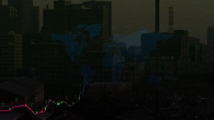 Poster - Magenta dots emerging under world map bars-candles morphing into blue chart showing market trend