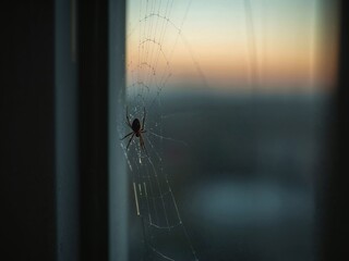 Spider on Web at Sunset, Trapped in its creation, Building towards Dusk, Silhouetted.