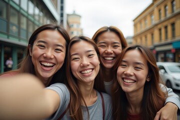 Poster - Title: Happy Asian Friends Having Fun Together in the City – Group Selfie in Urban Setting