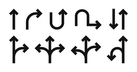 Poster - Collection of black arrows with different direction, different shape and size. Design with turning, bended and crossroads arrows. Vector illustration 