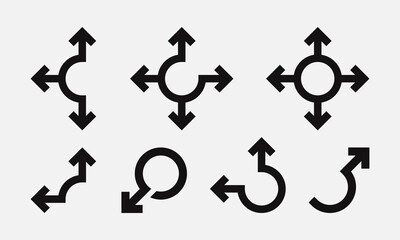 Poster - Collection of black arrows with different direction, different shape and size. Design with roundabout and crossroads arrows. Vector illustration 