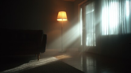 Poster - Interior scene with floor lamp and sunlight creating shadows and light