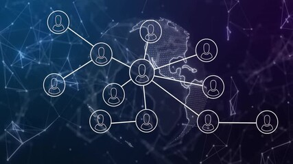 Poster - Grid fading, central node extending lines circles morphing avatars globe rotating showing network